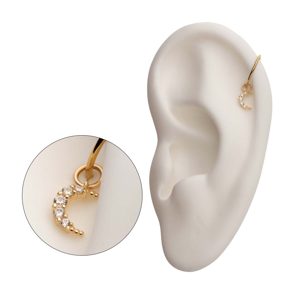 14Kt Yellow Gold Crescent Moon with Prong Set 5 Clear CZ Dangle Charm