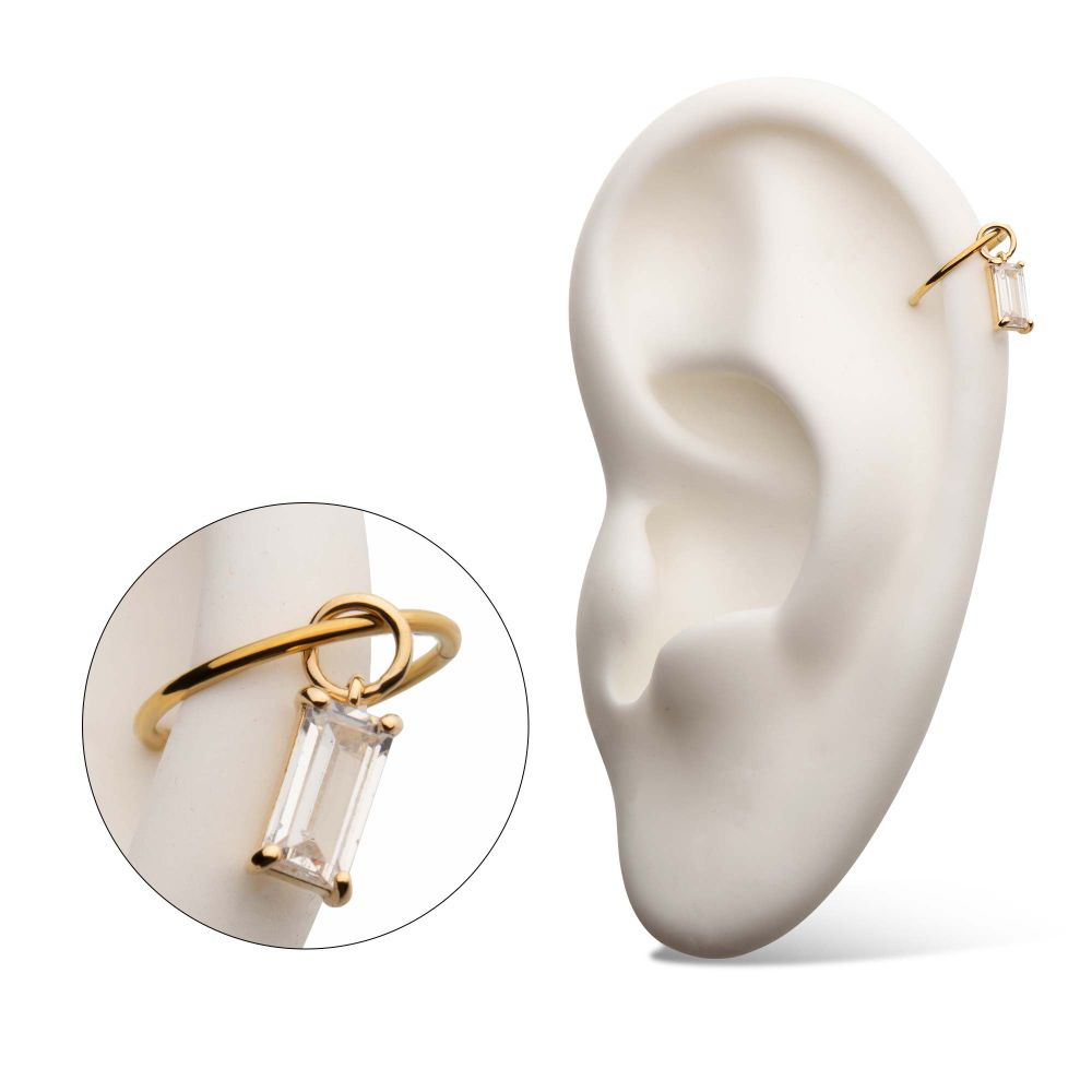 14Kt Yellow Gold Prong Set Baguette Clear Dangle CZ Charm