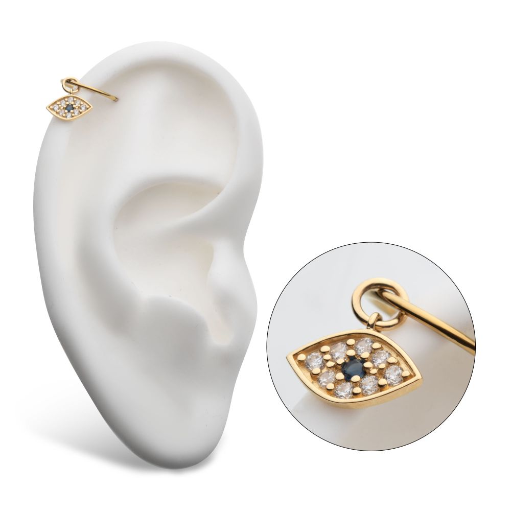 14Kt Yellow Gold Evil Eye with Round Centerpiece Sapphire CZ and 8 Clear CZ Dangle Charm