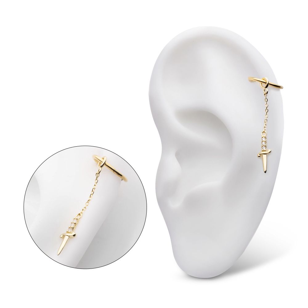 14Kt Yellow Gold 3-Cluster Prong Set Round CZ Dagger Dangle Charm with 10mm Chain