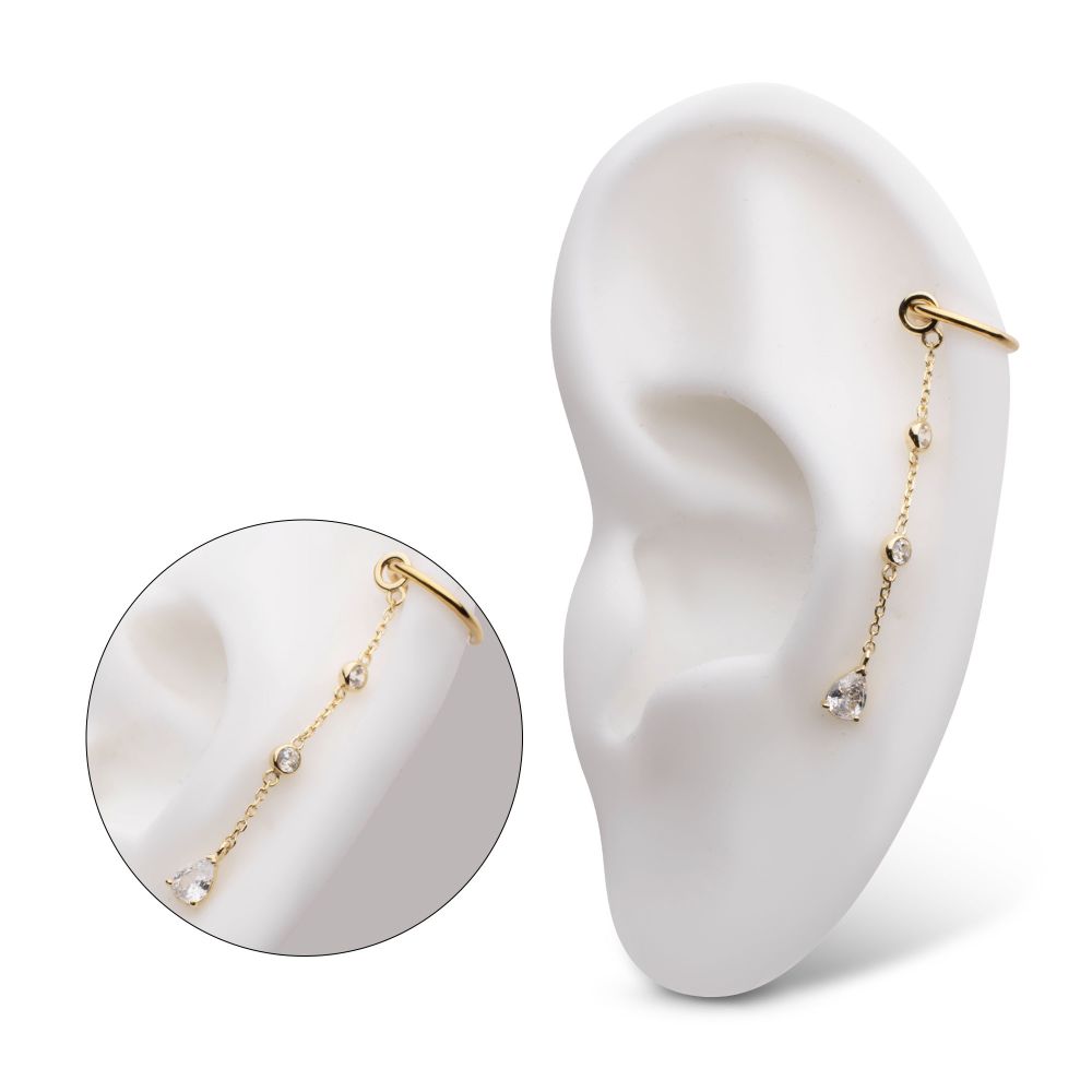 14Kt Yellow Gold Round & Teardrop Shape CZ 3-Tier Dangle Charm with Chains