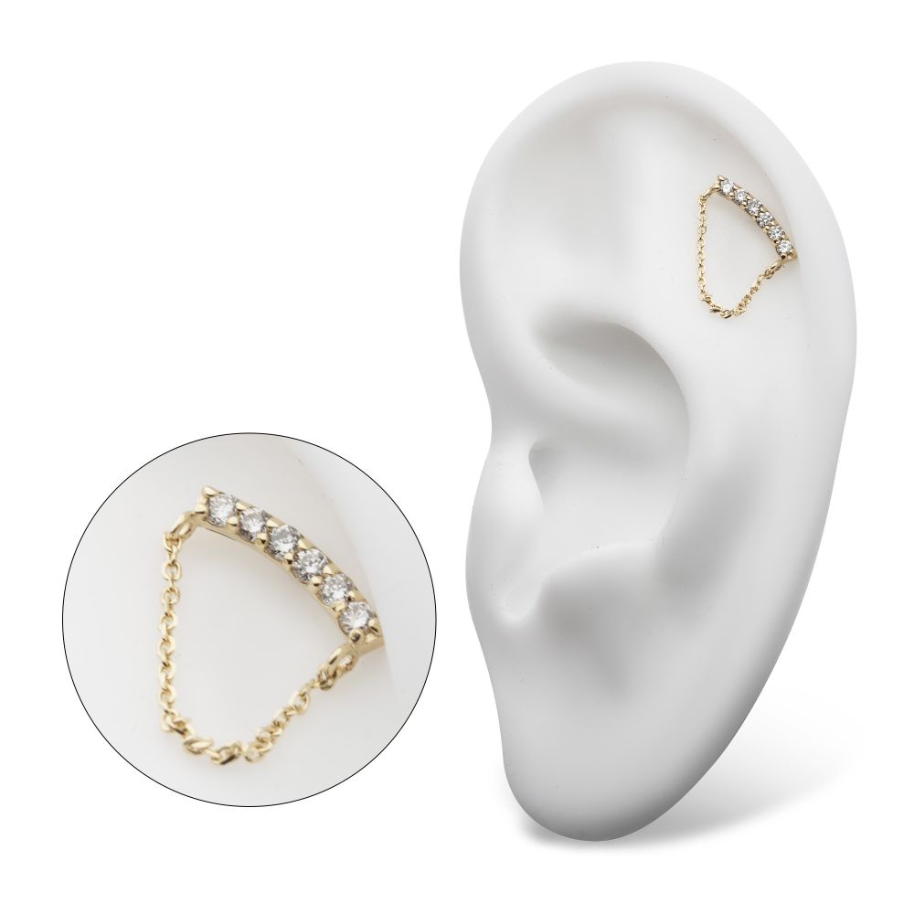 14kt Yellow Gold Threadless Curved Bar Cluster Top with Prong Set 6 Round Lab-Grown Diamonds & Dangle Chain