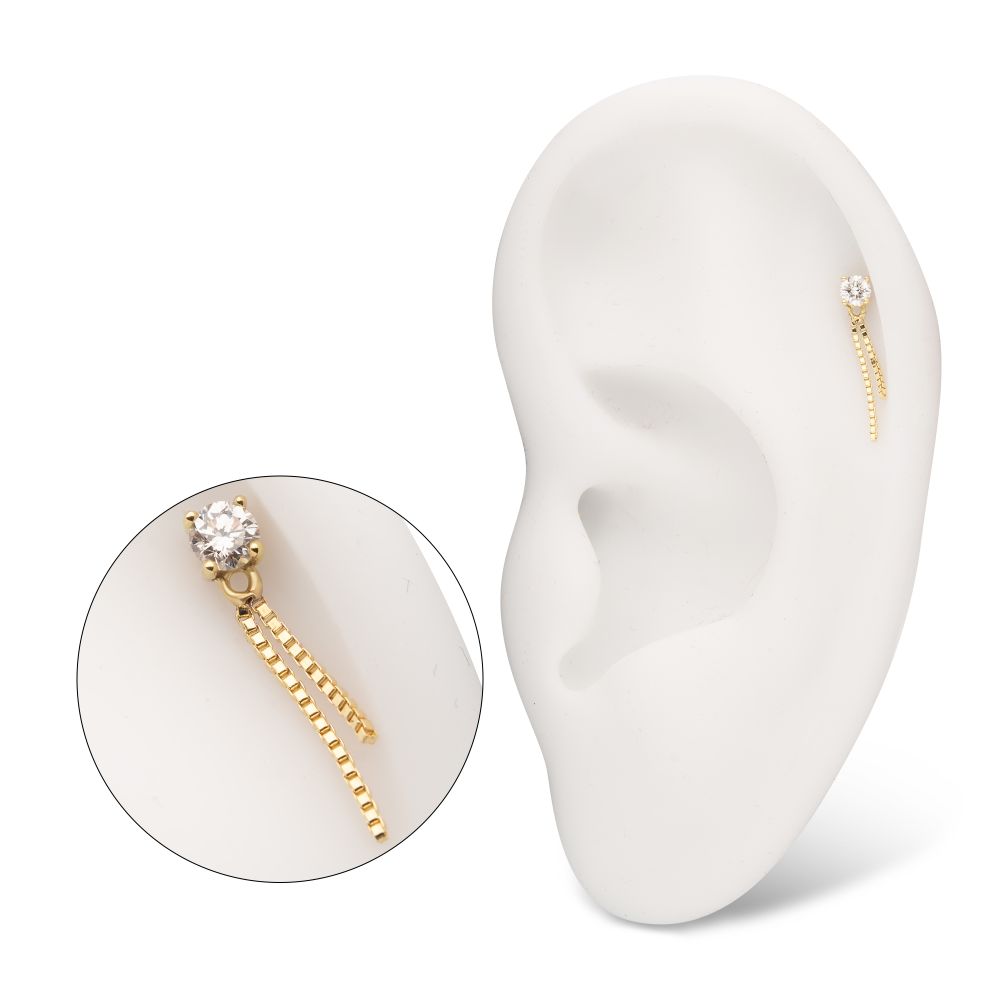 14Kt Yellow Gold Threadless Prong Set Lab-Grown Diamond Top with 2 Box Chain Dangle