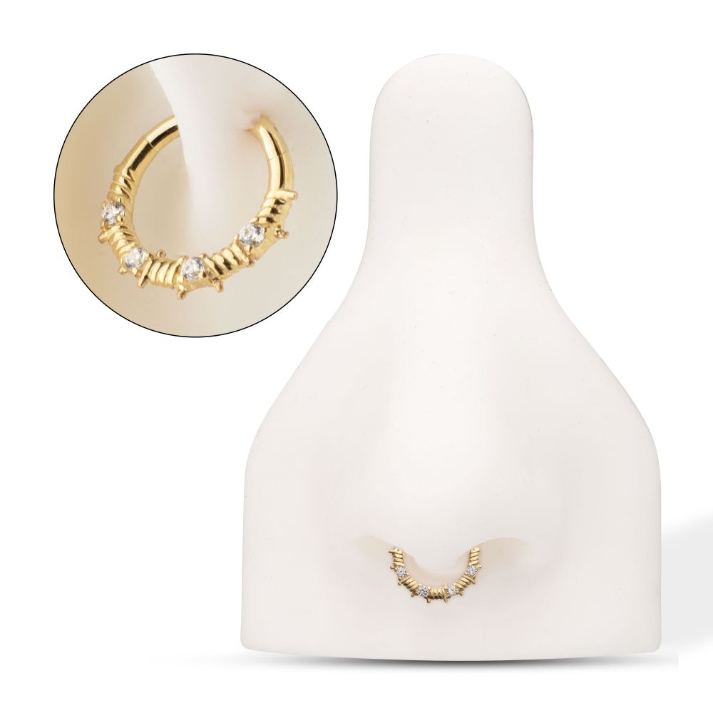 14Kt Yellow Gold Barbed Wire Wrap with Prong Set Gem Front Facing Hinged Segment Clicker