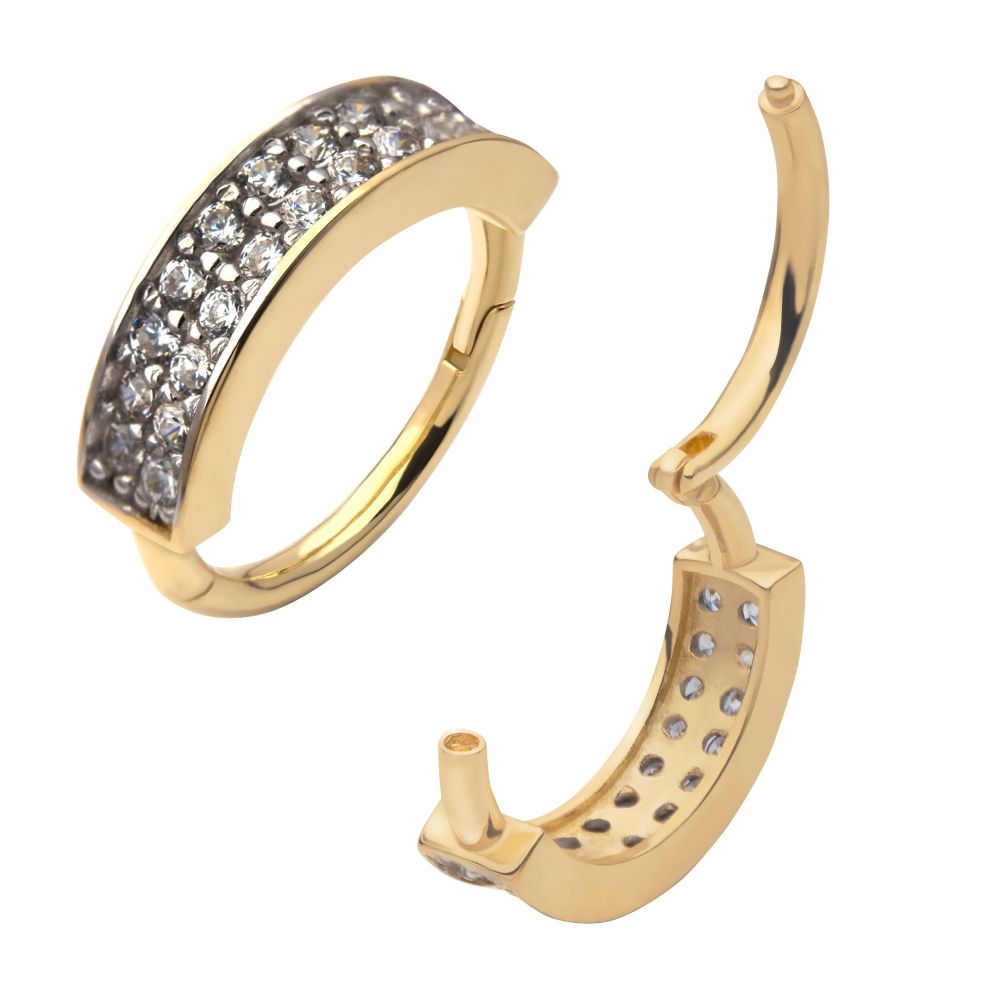 14Kt Yellow Gold with Double Row Clustered Prong Set Clear CZ Side Facing Hinged Segment Clicker