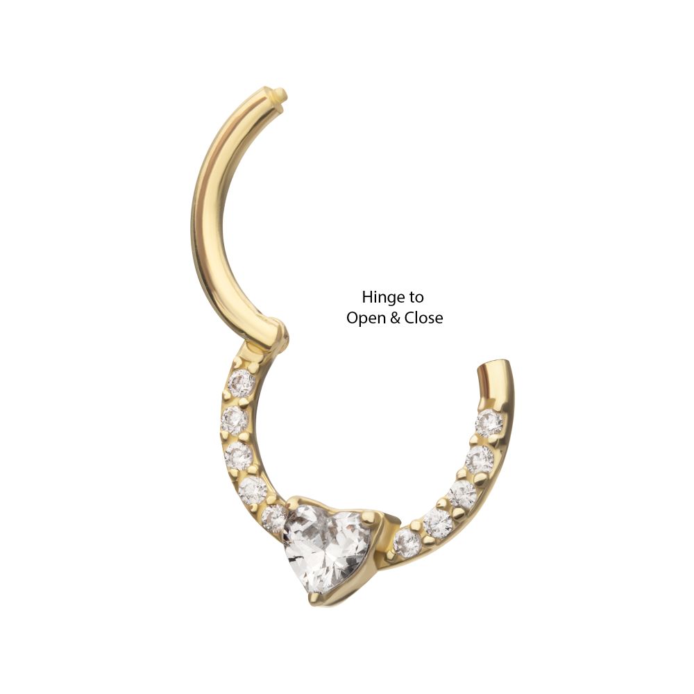 14Kt Gold 3mm Prong Set Heart with 1mm CNC Set Round Gem Front Facing Hinged Segment Clicker