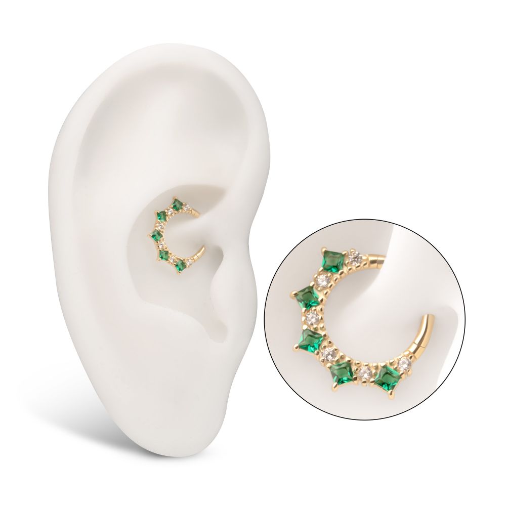 14Kt Gold Alternating Round & Princess Cut Prong Set Gem Front Facing Hinged Segment Clicker