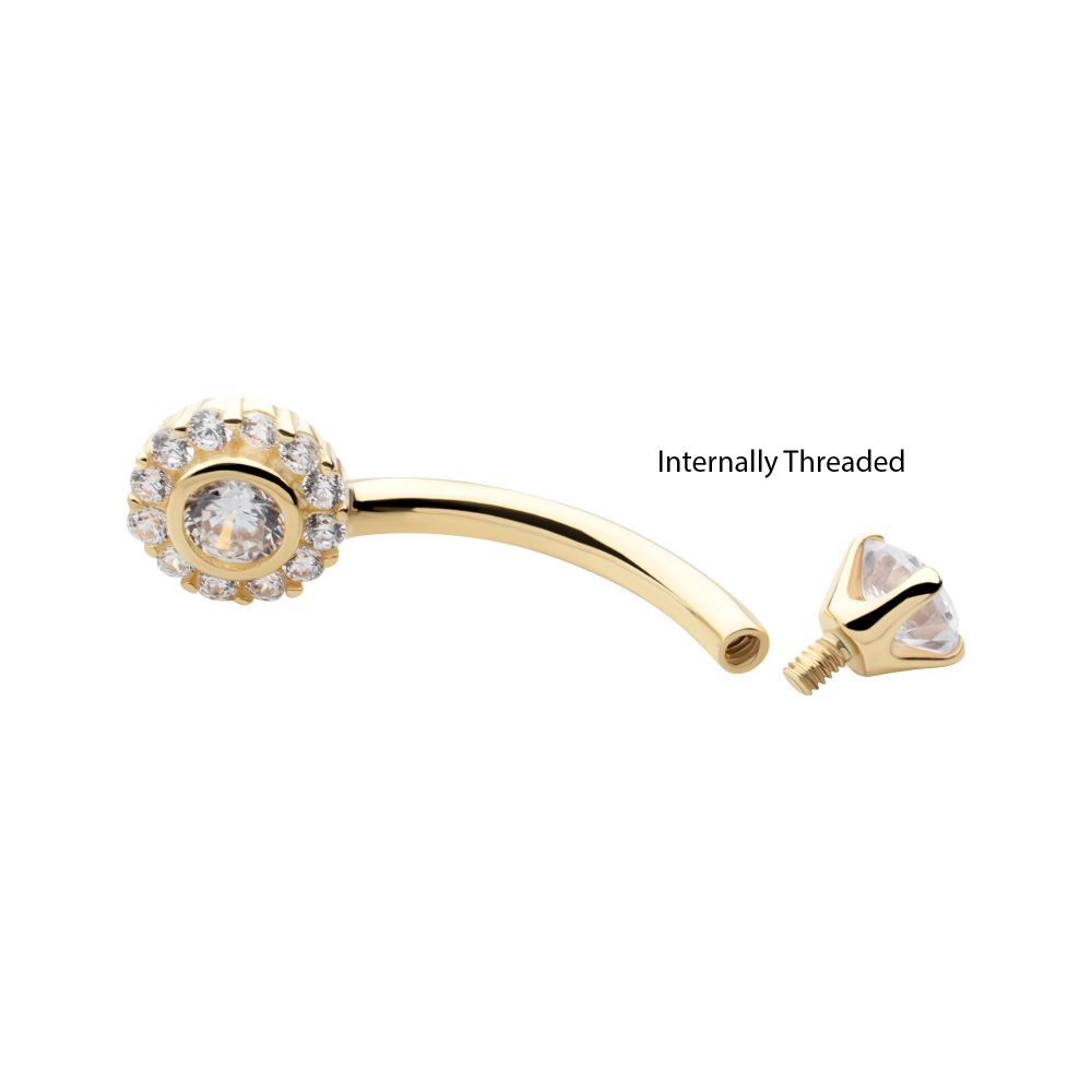 14Kt Gold Internally Threaded Multi Clear CZ Flower Shape Fixed Bottom Navel