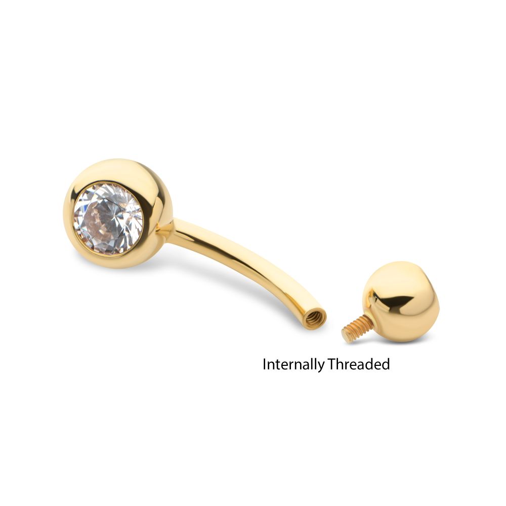 14Kt-Yellow Gold Double Bezel Clear CZ Internally Threaded Top with Fixed Bottom Navel