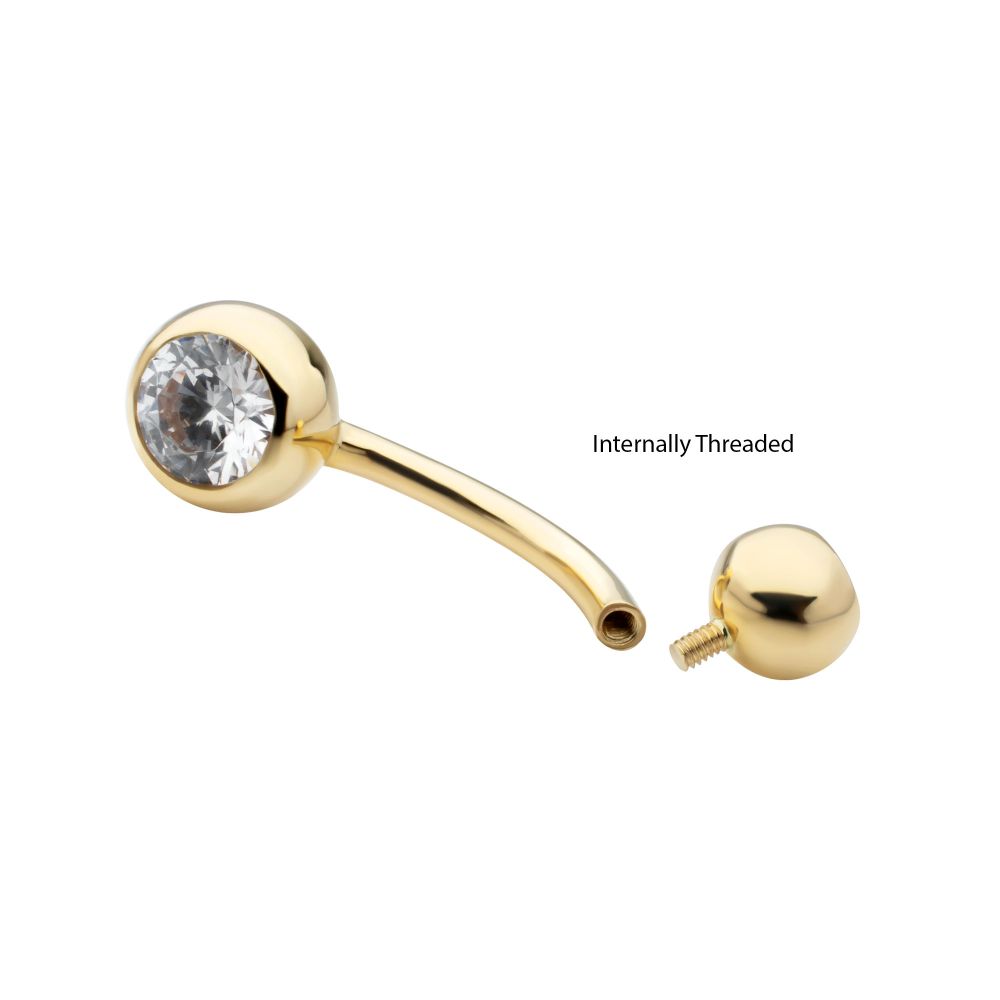 14Kt Gold Internally Threaded Double Round Bezel Clear CZ Fixed Bottom Navel