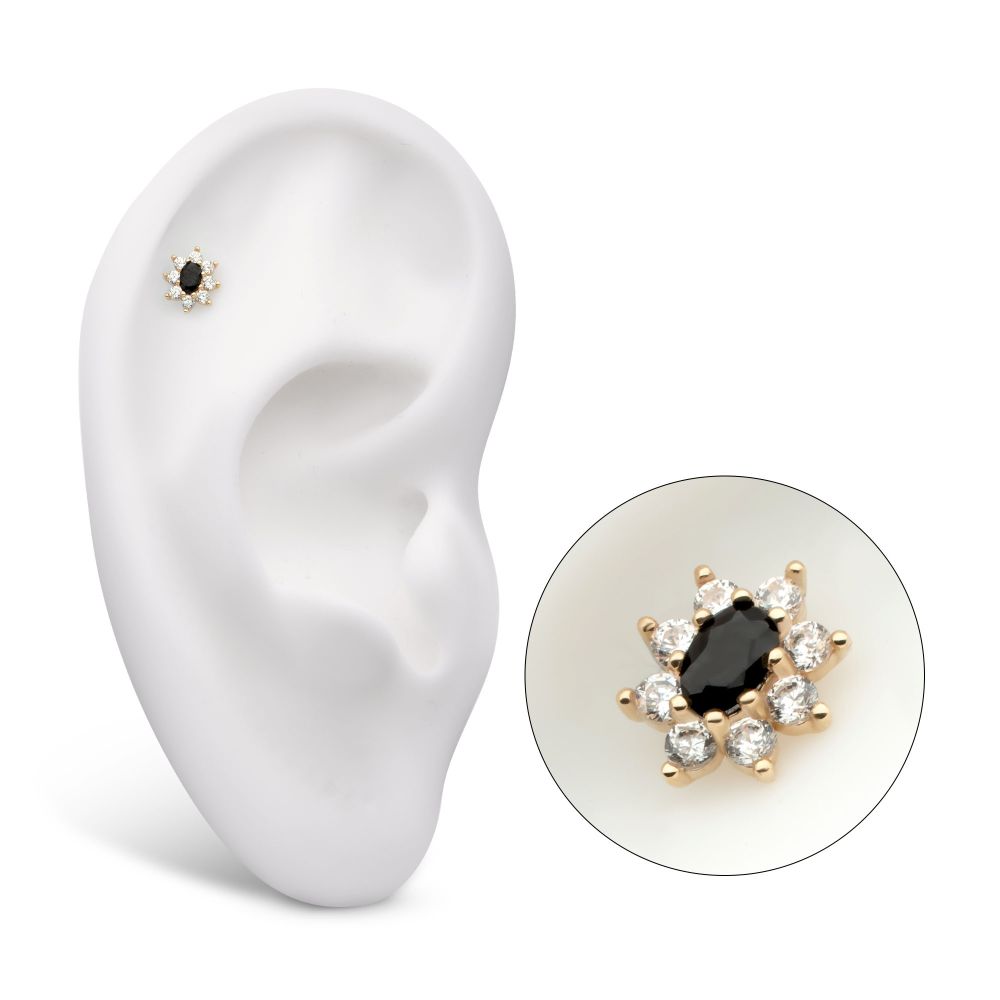 14Kt Yellow Gold Threadless Pronged Oval & Round CZ Flower Top