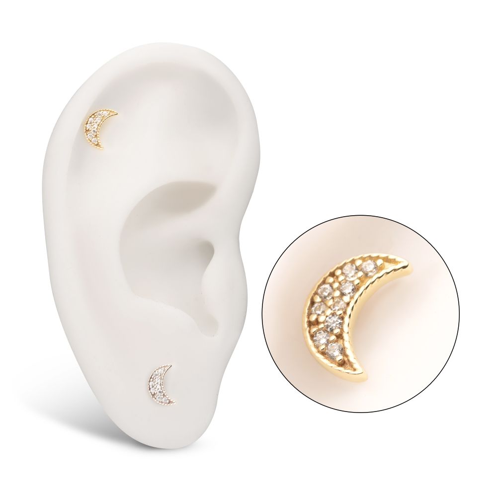 14Kt Gold Threadless Milgrain Edge Crescent Moon Top with Pave CZ Gem