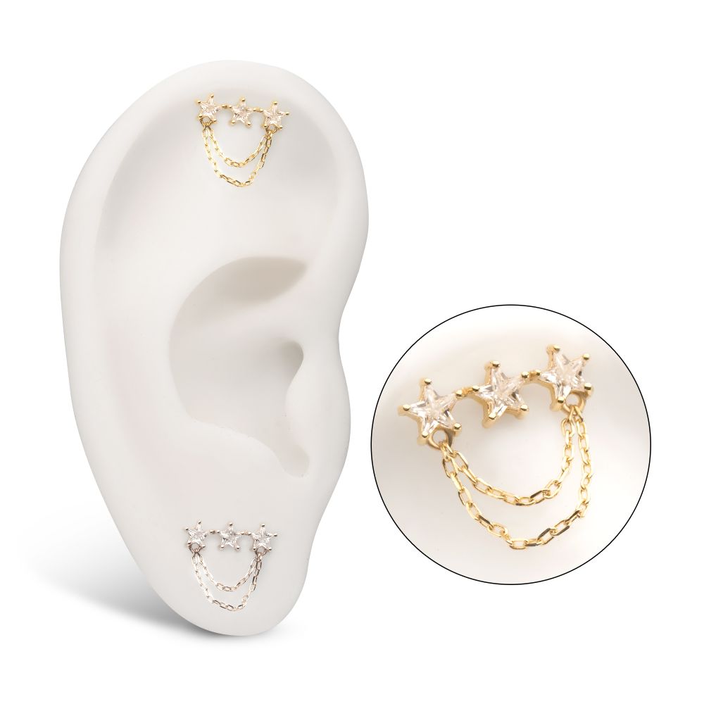 14Kt Gold Threadless Triple Cluster Star CZ Gem Top with 2-Tier Chain Dangle