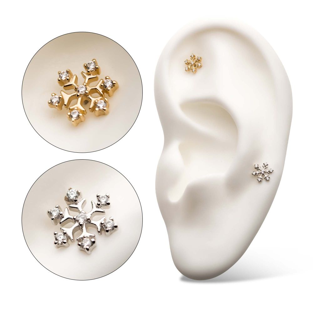 14Kt Gold Threadless with 7 4-Prong Set Round Clear CZ Snowflake Top