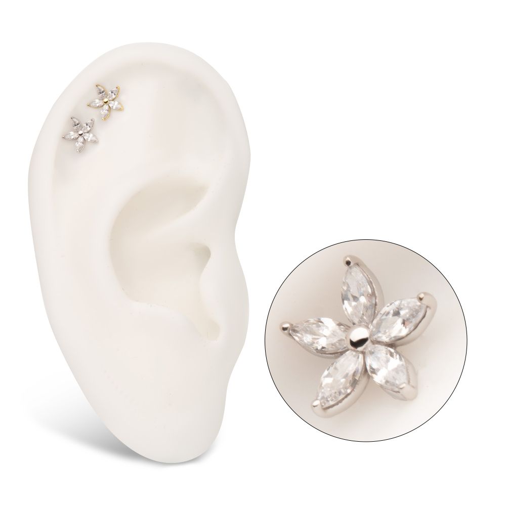 14Kt Gold Threadless Flower Top with 5 Petal Marquise Prong Set Gem