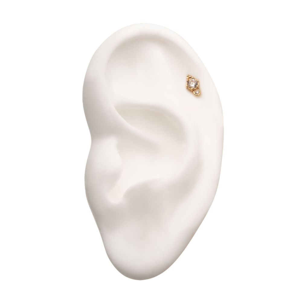 14Kt Yellow Gold Threadless with Big & Small Clear Gem & Tri-bead Top