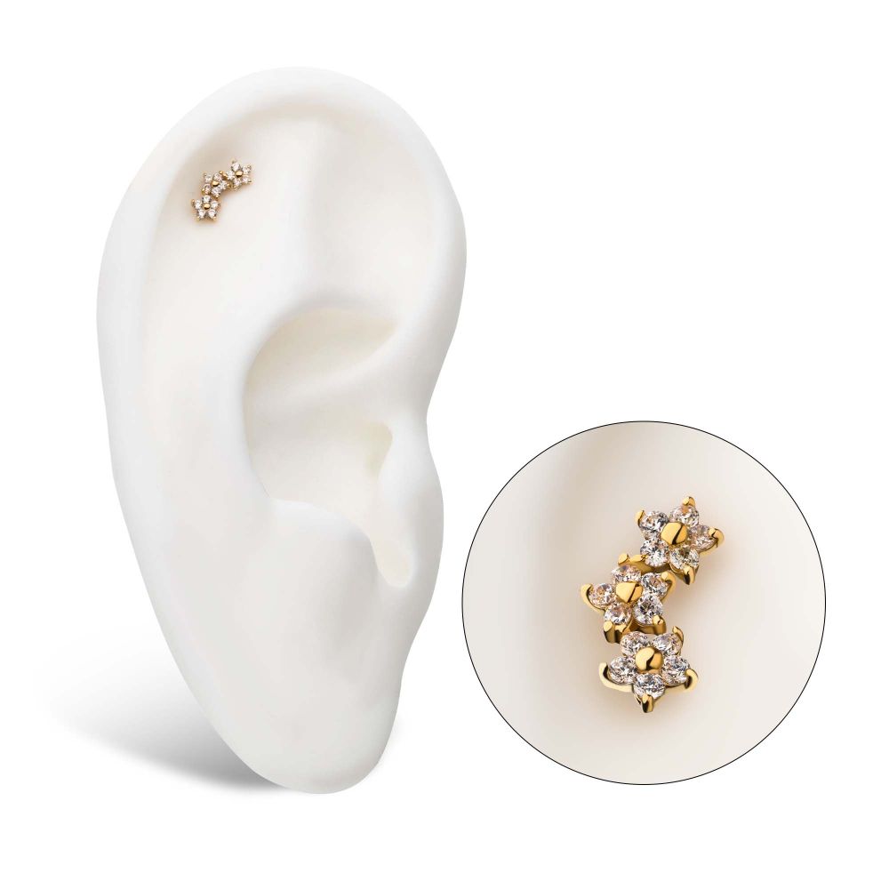 14Kt Yellow Gold Threadless 3-Curved Cluster Pronged Round CZ Flower Top