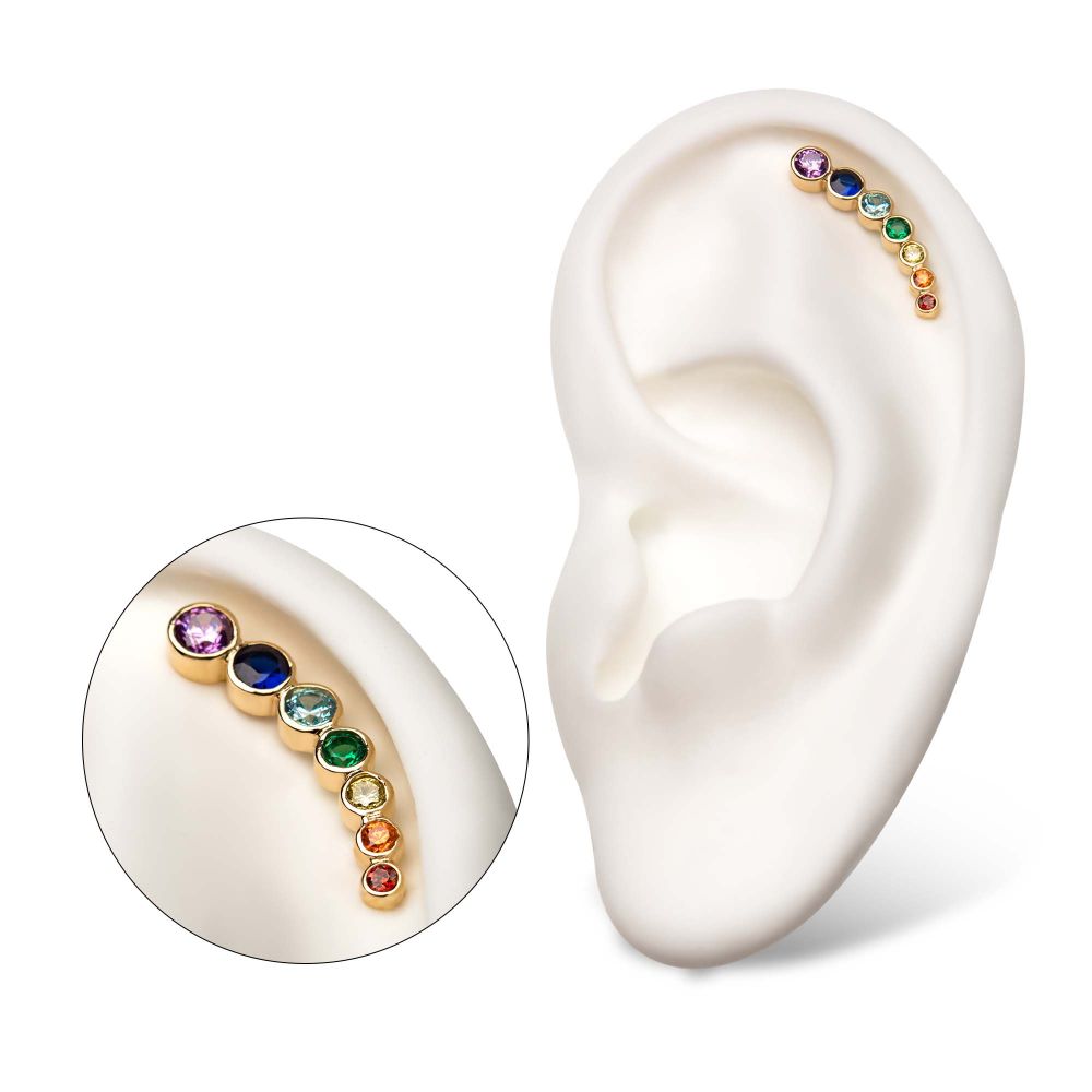 14Kt Yellow Gold Threadless with Bezel Set Rainbow CZ 7-Cluster Top (Left Ear)