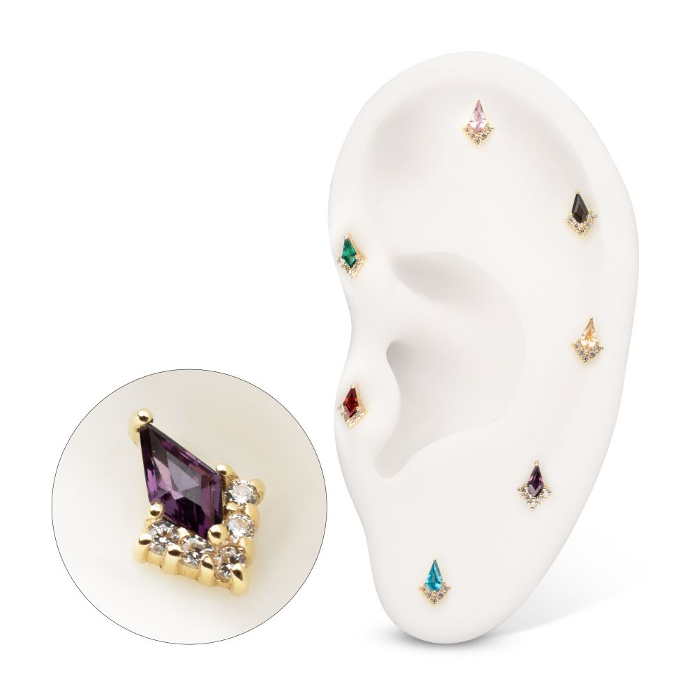 14Kt Yellow Gold Threadless Kite Shape & Round Prong Set Multi-Gem Top