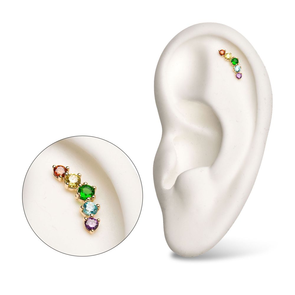 14Kt Yellow Gold Threadless with 5-Rainbow CZ Cluster Top