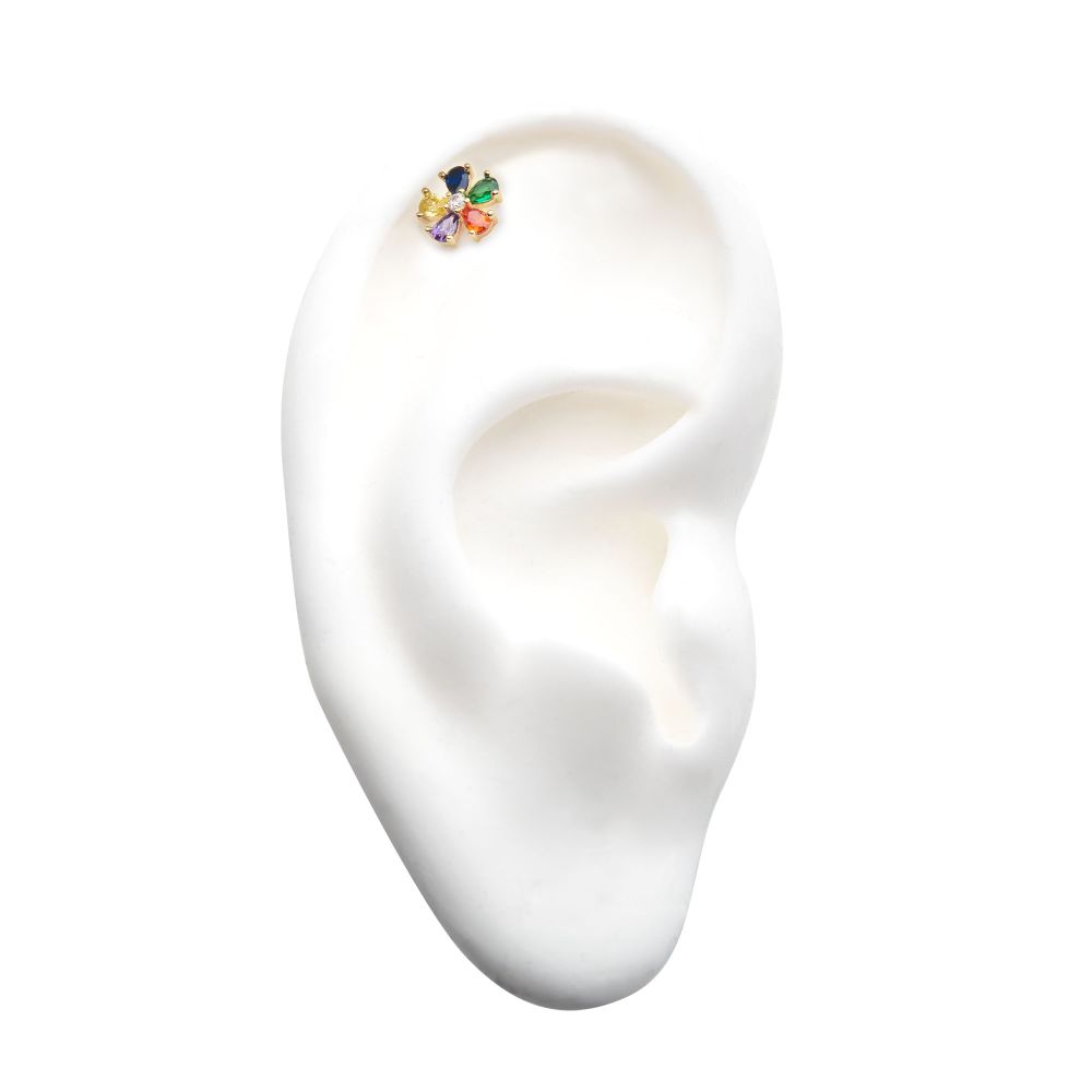 14Kt Yellow Gold Threadless with Prong Set 5 Rainbow CZ Flower Top