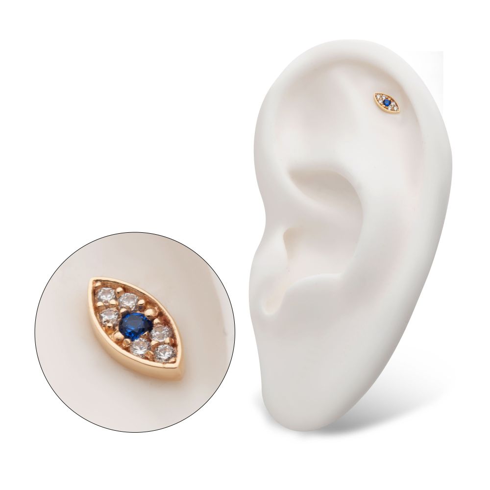 14Kt Yellow Gold Threadless Pave Set Round Blue Sapphire & Clear Gem Evil Eye Top