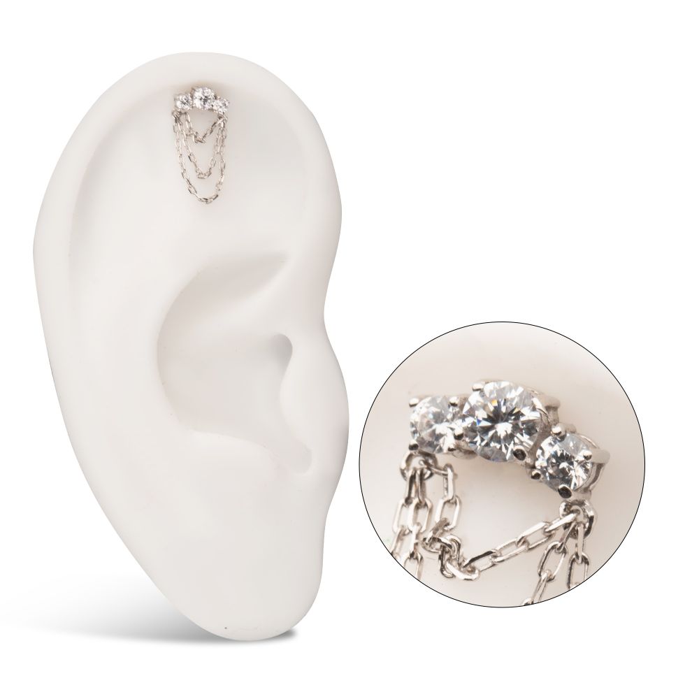 14Kt-Gold Threadless Threadless 3-Cluster Prong Set Gem Top with 3-Tier Dangle Chain