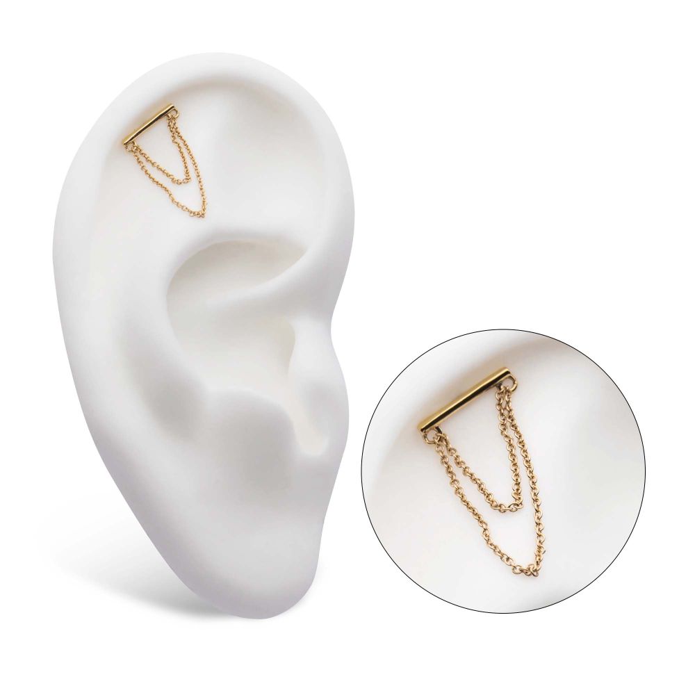 14Kt Gold Threadless Bar Top with 2-Tier Chain Dangle