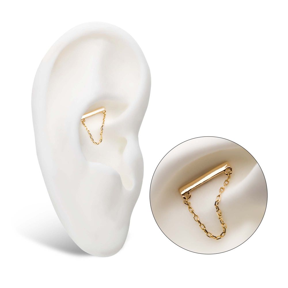 14Kt Yellow Gold Threadless Bar Top with Dangling Chain