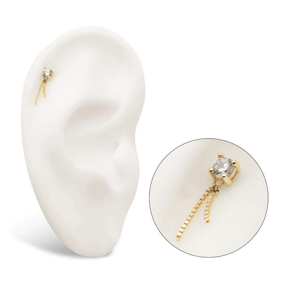 14Kt Gold Threadless Prong Set CZ Top with Dangle Double Box Chain