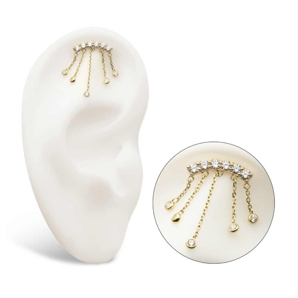 14Kt Gold Threadless 6 Cluster CZ Curved Bar Top with 5 Gemmed Dangle Chains