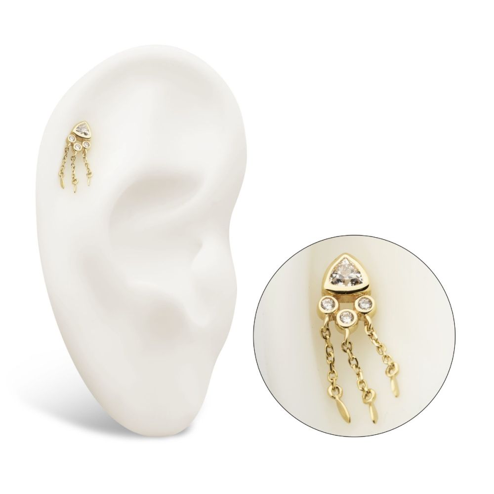 14Kt Yellow Gold Threadless Bezel Round & Trillion CZ Top with Triple Dangle Chain