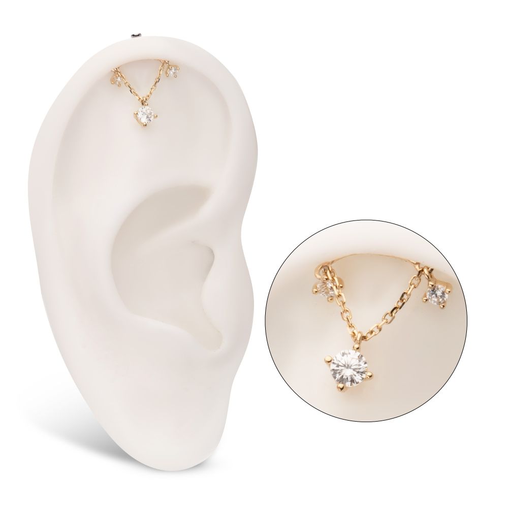 14Kt Gold Threadless Hidden Helix Curved Bar Top with Gem Chain Dangle