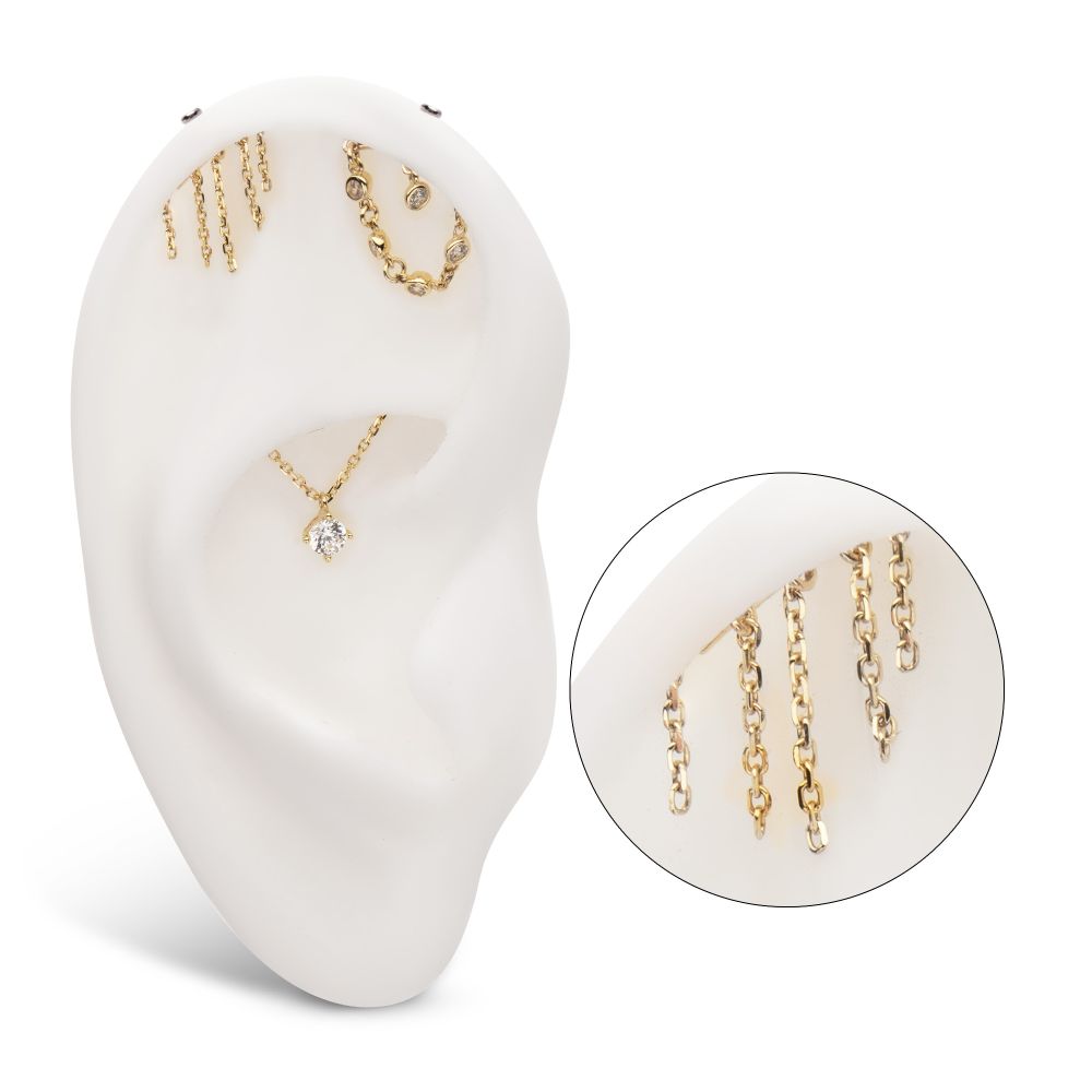 14Kt Yellow Gold Threadless Hidden Helix Curved Bar Top with 5-Chain Dangle