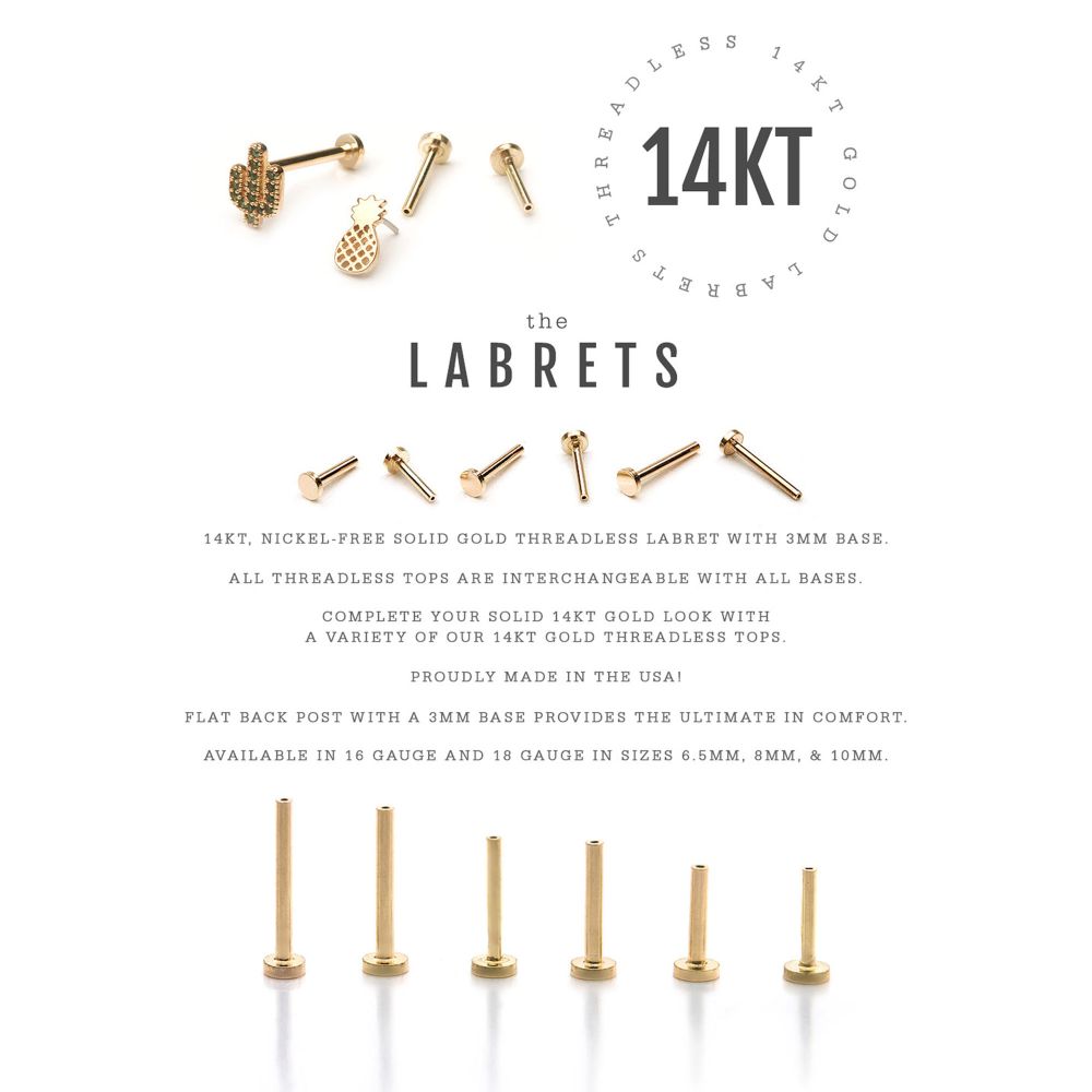 14Kt-Gold Threadless Labret with 3mm Flat Base
