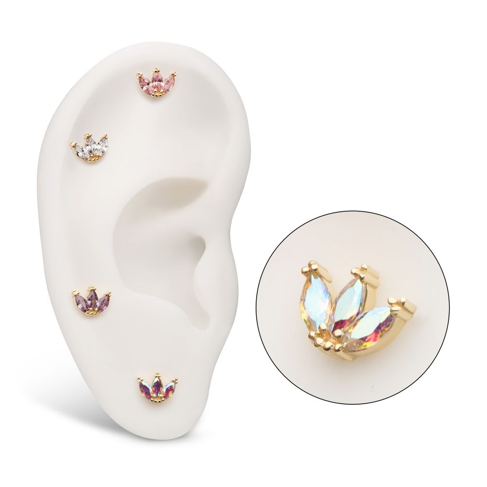 14Kt Yellow Gold Threadless Beaded Edge Marquise Fan Gem Cluster Top