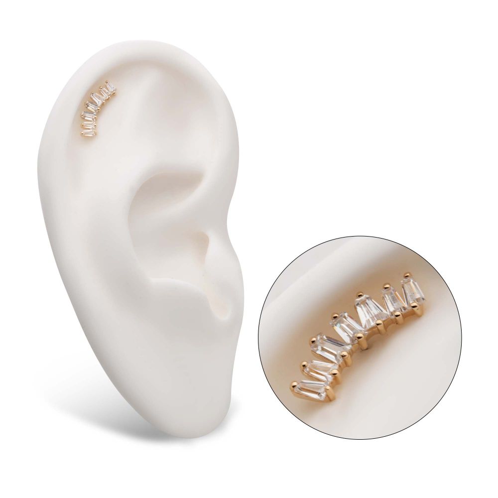 14Kt Yellow Gold Threadless with Prong Set Tapered Baguette Clear CZ Cluster Top