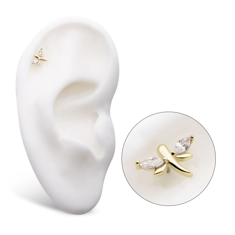 14Kt Yellow Gold Threadless Prong Set Marquise CZ Dragonfly Top