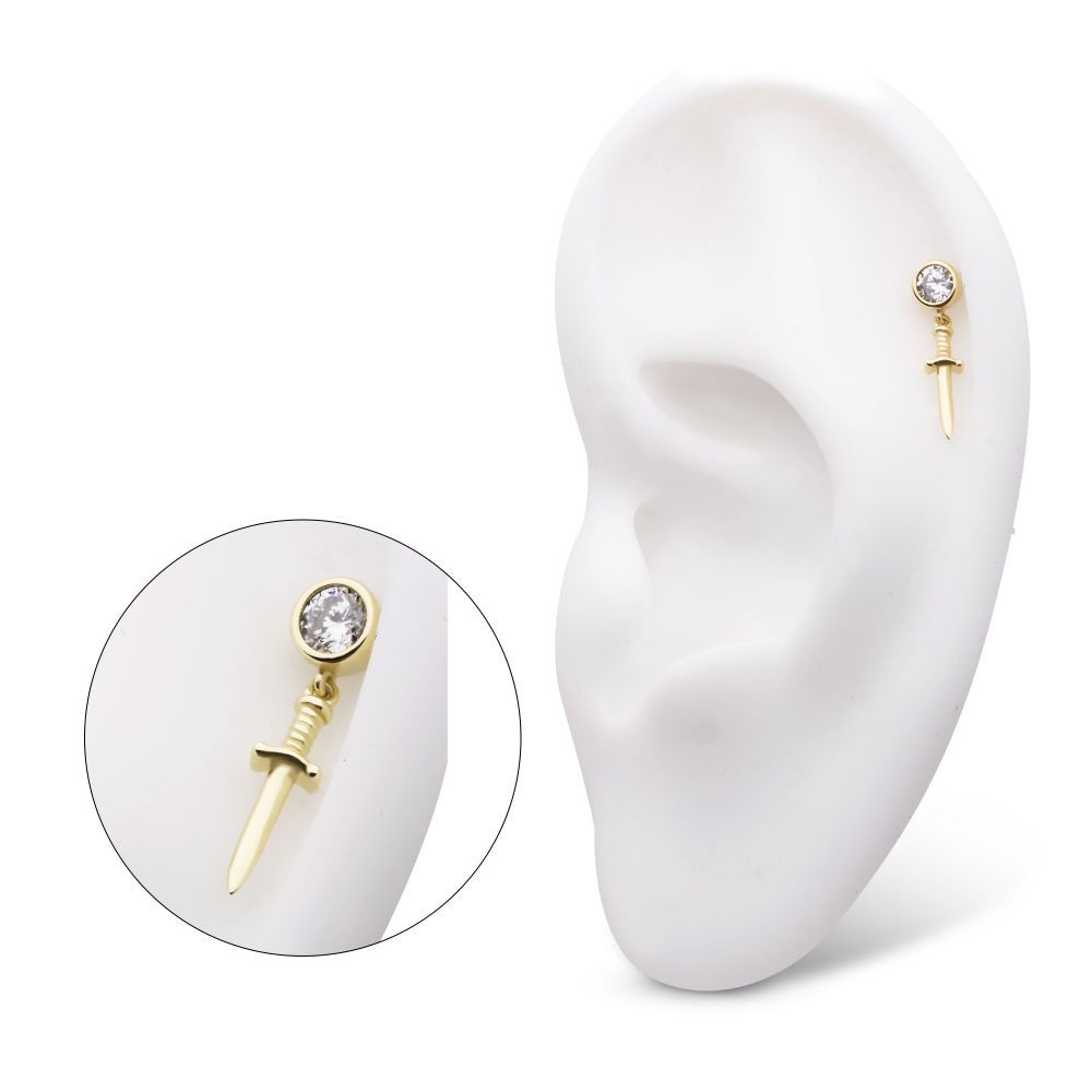 14Kt Yellow Gold Threadless Bezel Set Round CZ with Dangle Dagger Top