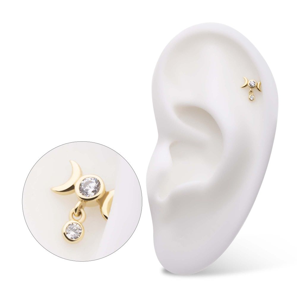 14Kt Yellow Gold Threadless Triple Moon Phase Top with Dangle Bezel Set Round CZ