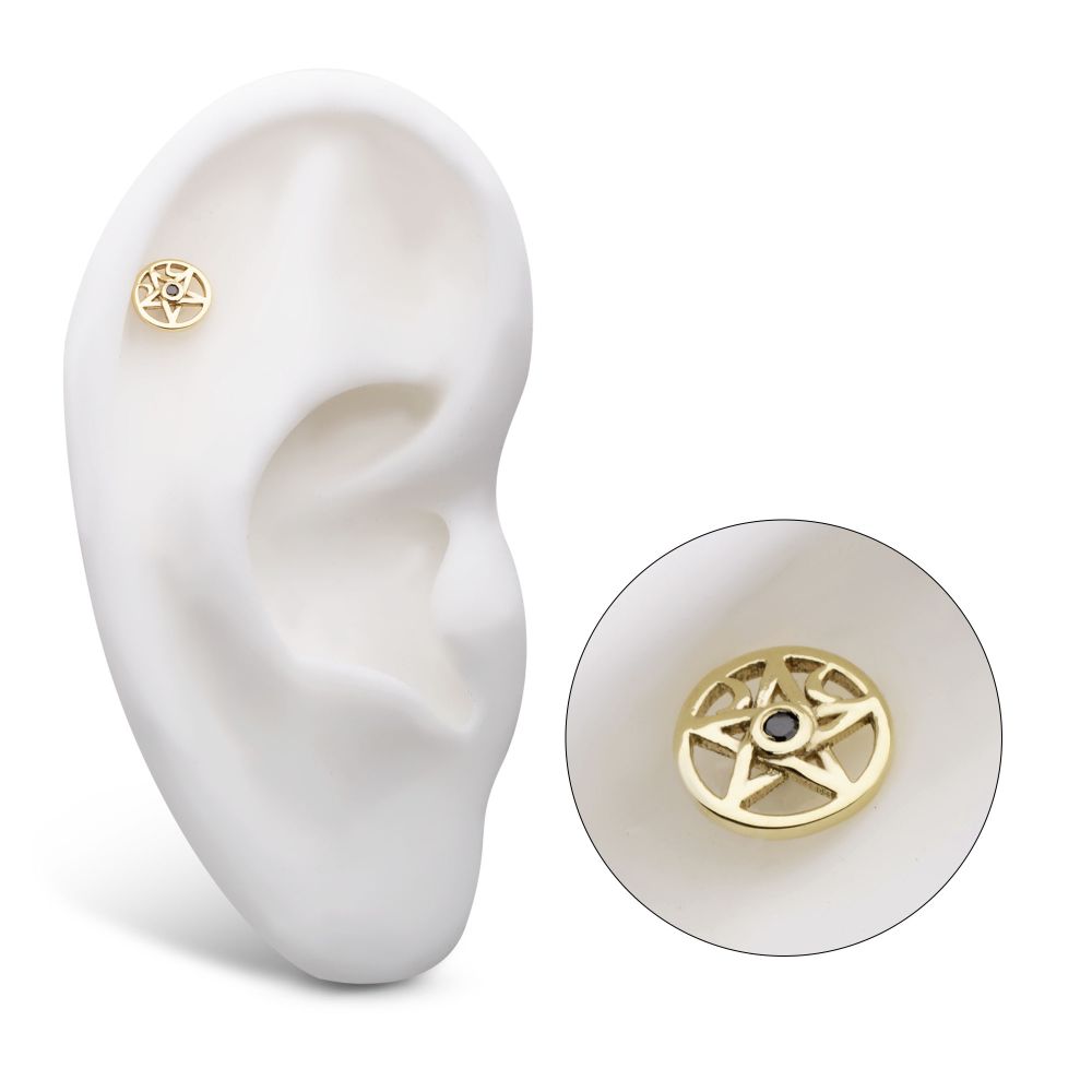 14Kt Yellow Gold Threadless Bezel Set Round CZ Crescent Moon Pentacle Top