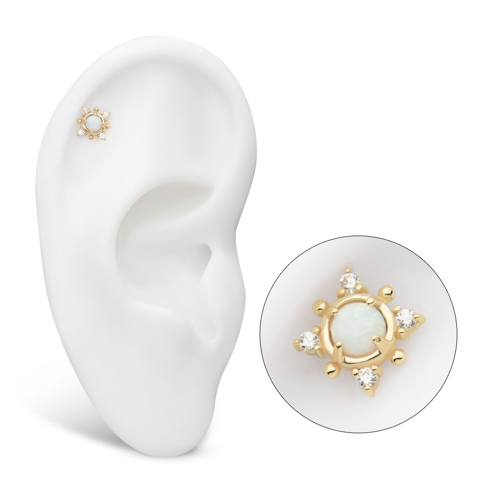 14Kt Yellow Gold Threadless Prong Set Round White Opal and Clear Gem 4-Point Top