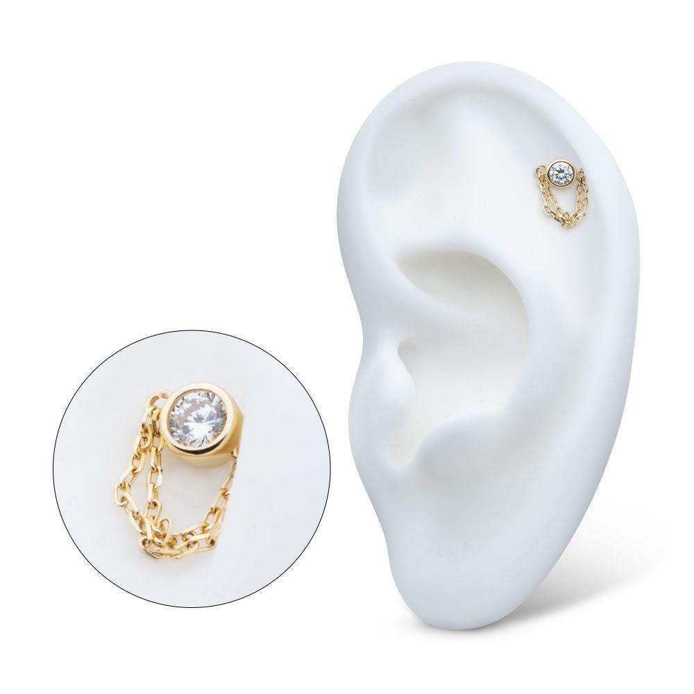 14Kt Yellow Gold Threadless Bezel Set Round CZ/Opal Top with 2 Dangle Chains