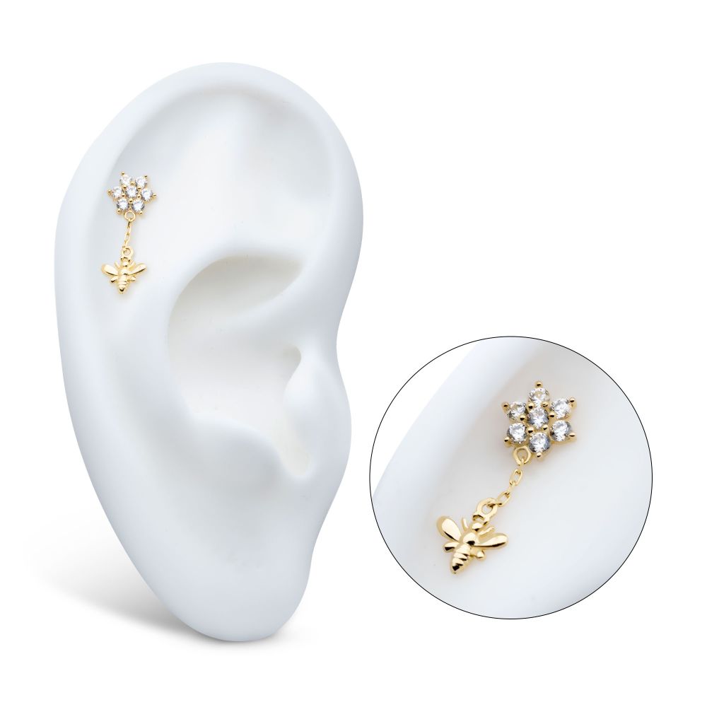 14Kt Yellow Gold Threadless Prong Set Round CZ Flower Top with Dangle Bee