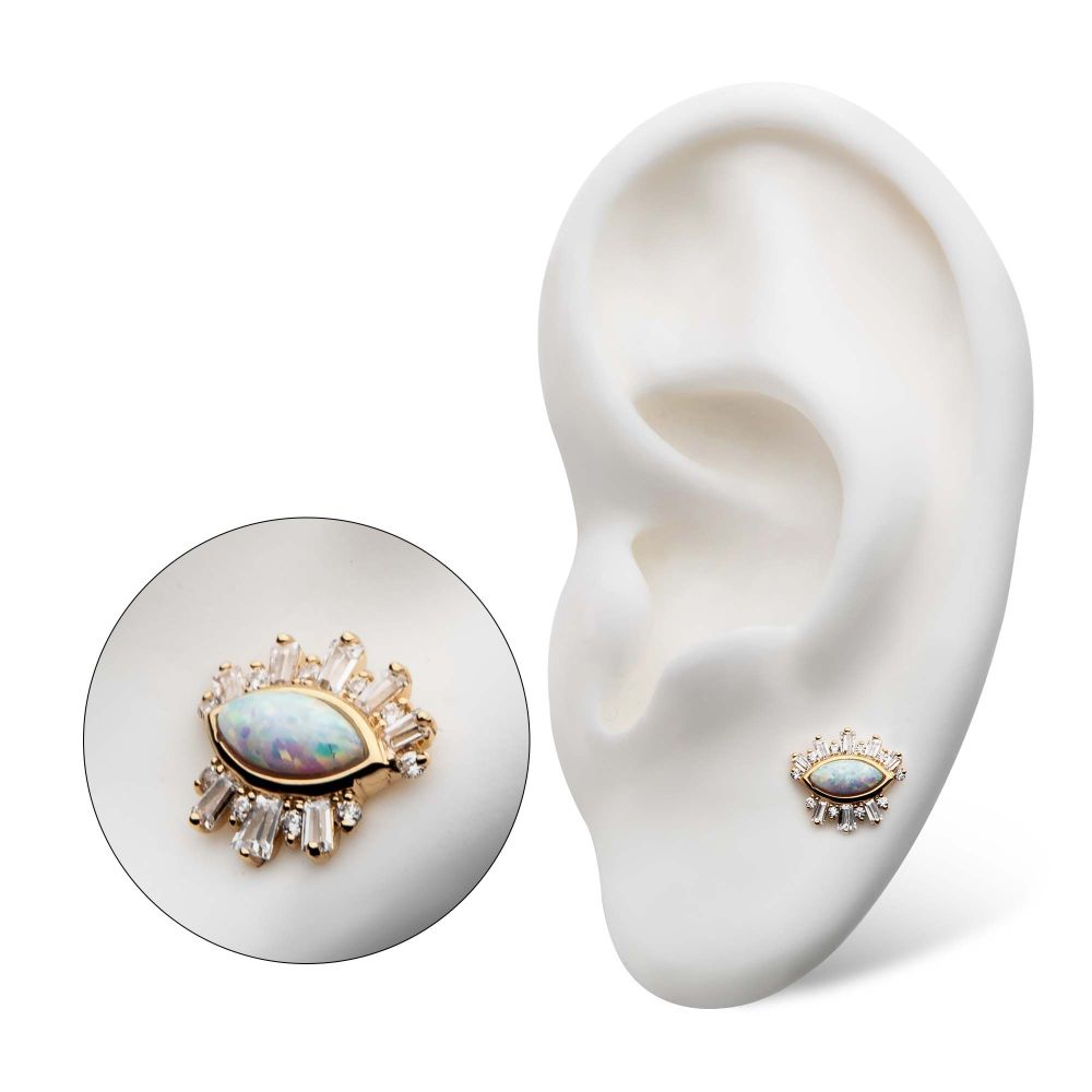 14Kt Yellow Gold Threadless with Marquise White Synthetic Opal, Round & Tapered Baguette Clear CZ Evil Eye Cluster Top