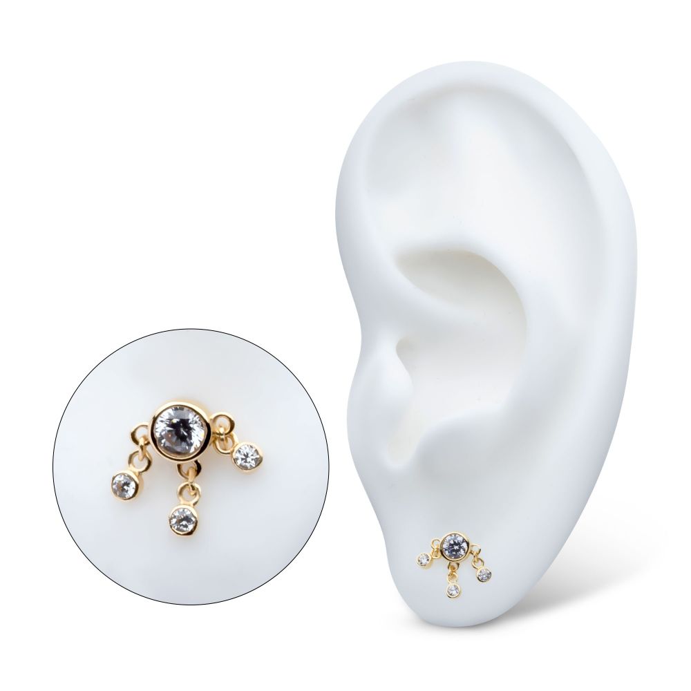 14Kt Yellow Gold Threadless Triple Dangle Bezel Set Round CZ Top