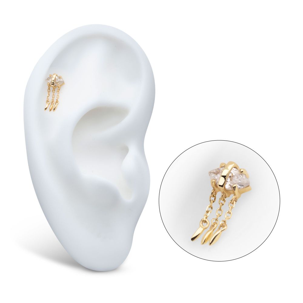 14Kt Yellow Gold Threadless Prong Set Marquise Gem Evil Eye Top with Triple Dangle Chain