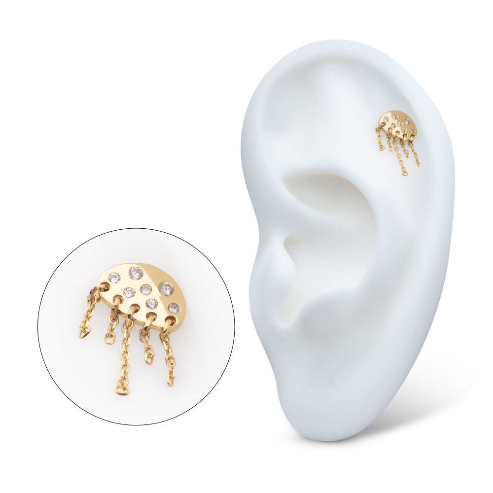 14Kt Yellow Gold Threadless Bezel Set Round Gem Jellyfish Top with 5 Dangle Chain