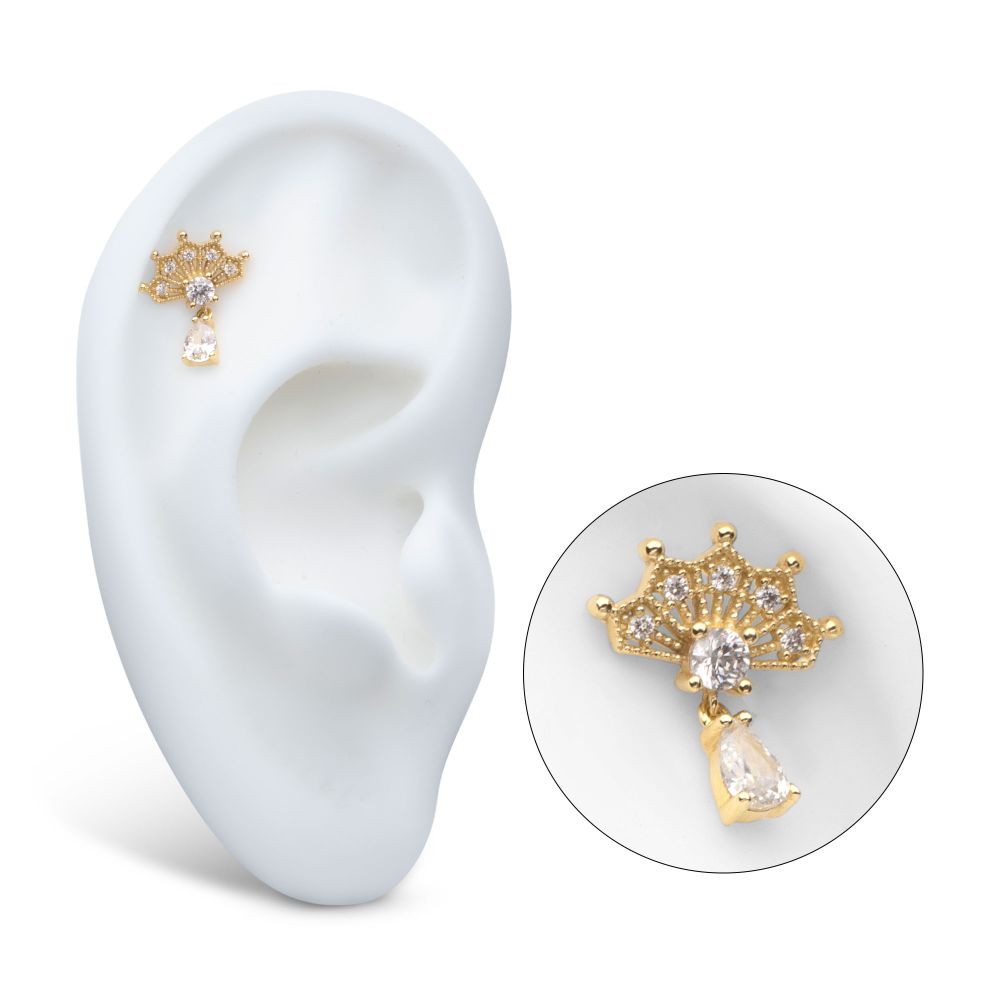 14Kt Gold Threadless Prong Set Gem Fan Top with Teardrop Gem Dangle