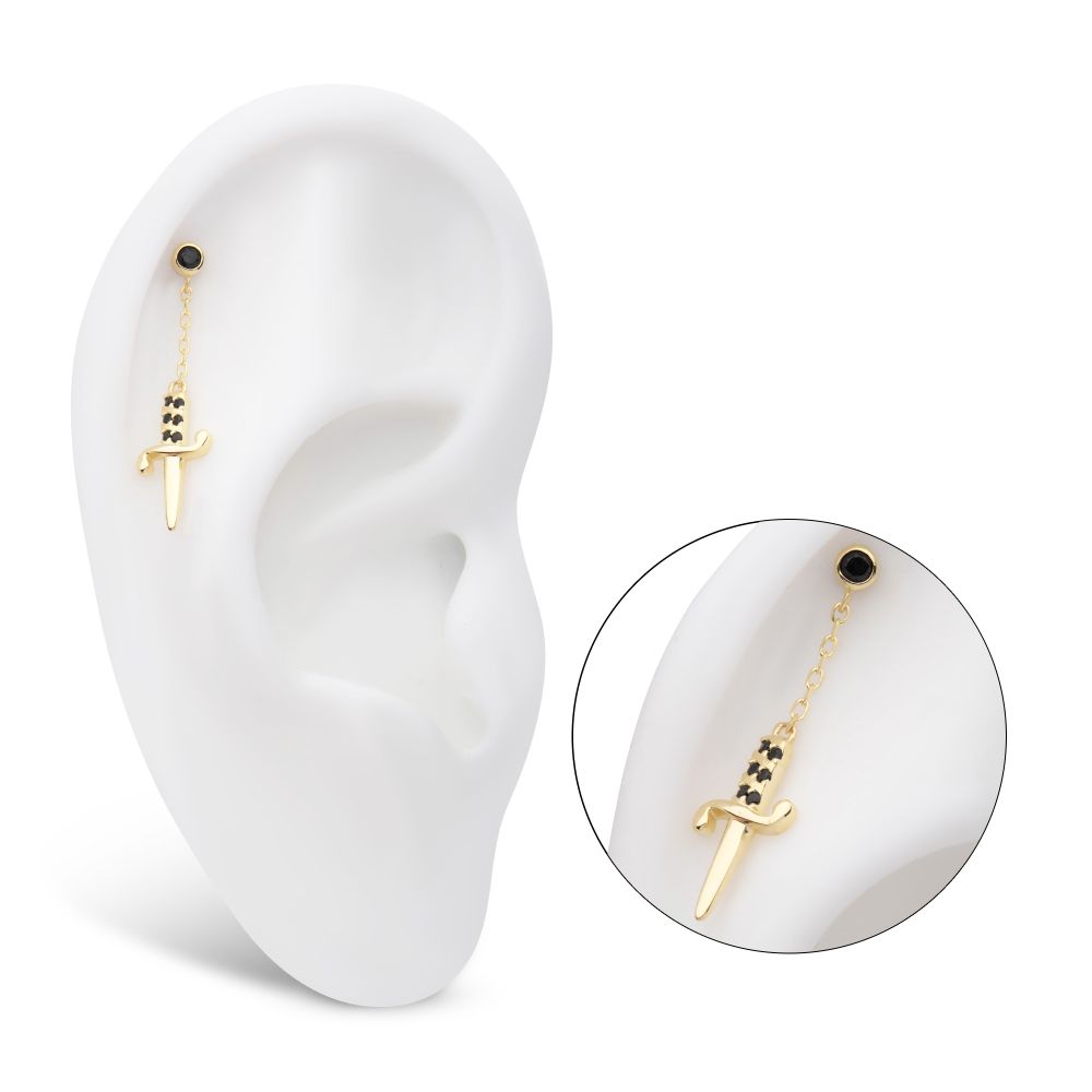 14Kt Yellow Gold Threadless Bezel Set Black Round Gem Dangle Dagger Top